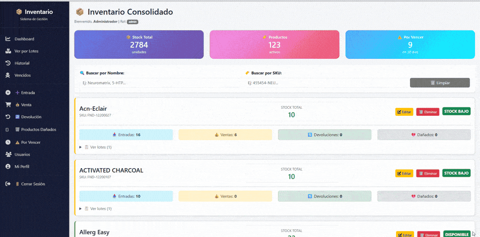 Screenshot of the project Inventory management system
